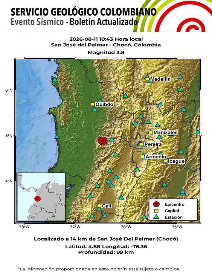 Reportan réplica de sismo en Chocó: Epicentro en San José del Palmar