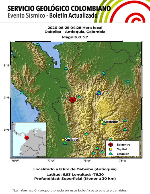 Triple temblor en Colombia este 25 de agosto: reporte del SGC